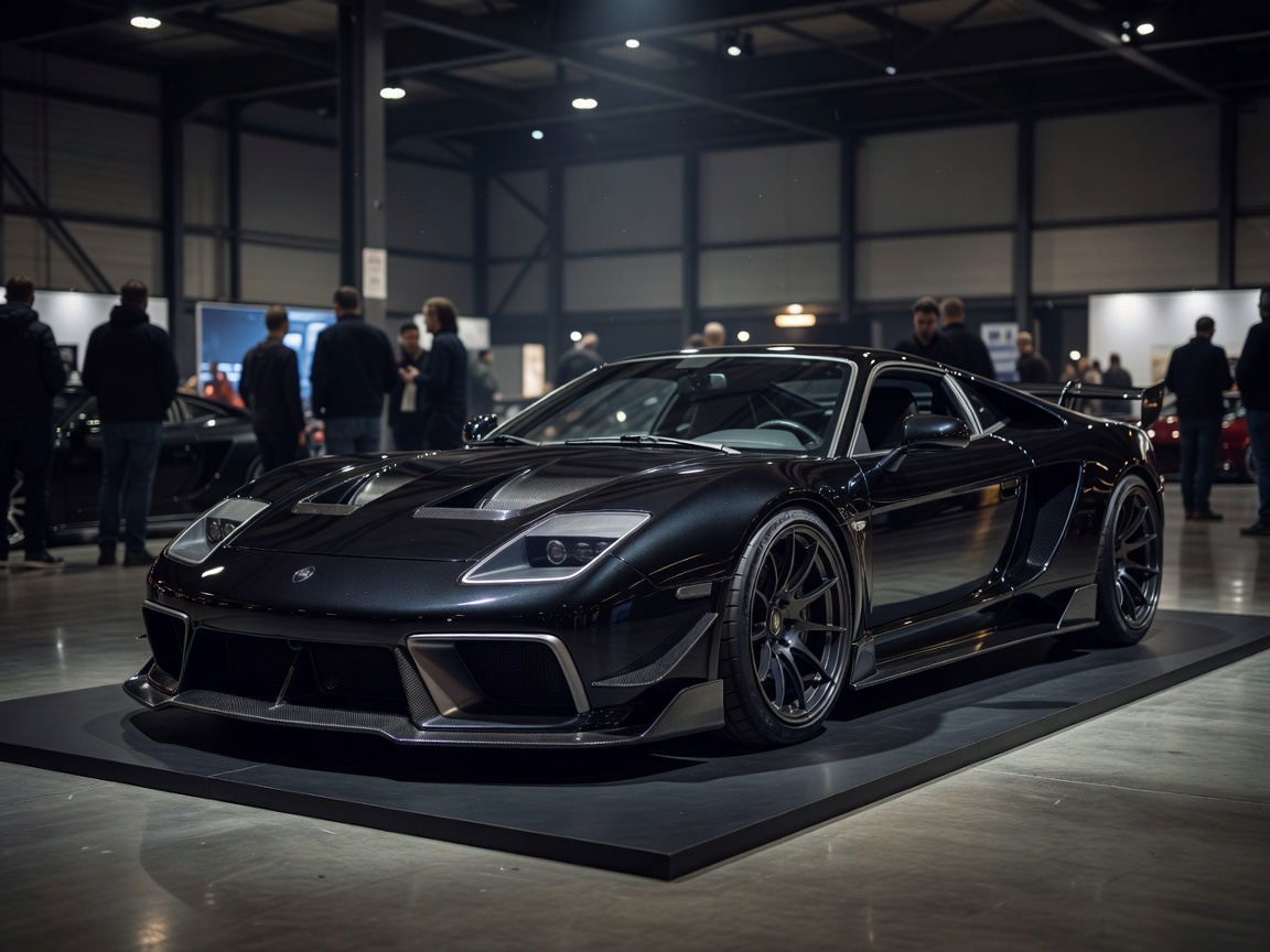 Atmospheric image representing a carefully detailed modified sports car on display at a Leuven car show