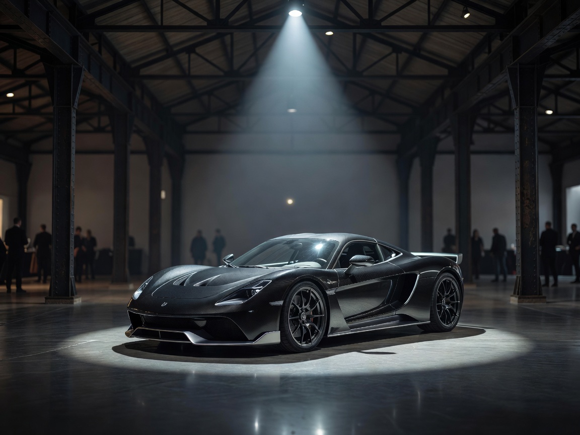 Atmospheric image representing a spotlit custom sports car at the centre of a Mechelen showcase hall