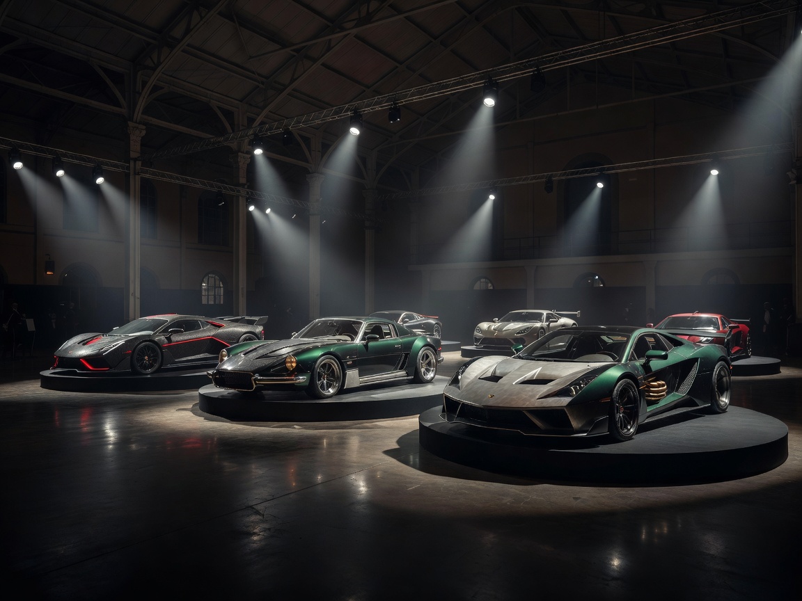 Atmospheric image representing a spotlit showcase of custom sports cars at Risenation Hall of Fame in Mechelen