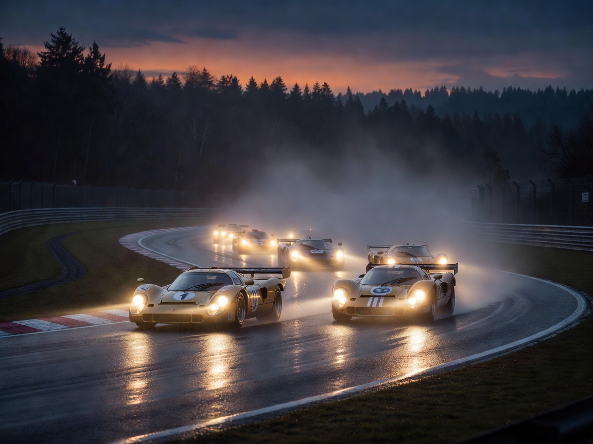Atmospheric image representing classic endurance cars with headlights on at dusk during the Spa Six Hours