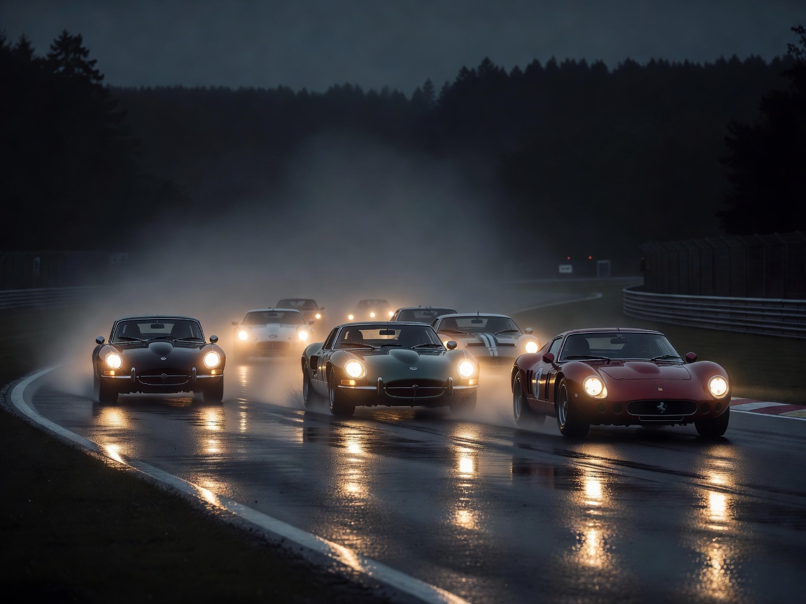 Atmospheric image representing headlights of historic endurance cars racing into the night at the Spa Six Hours