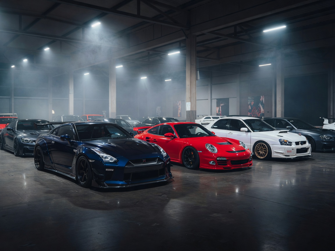 Atmospheric image representing modified performance cars on display at Risenation Allstars in Leuven