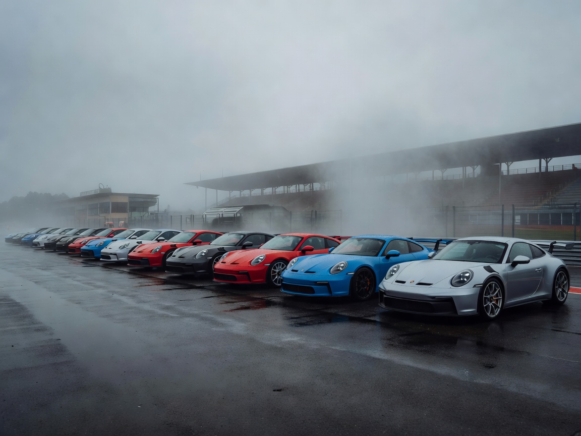 Atmospheric image representing Porsche club cars lined up in the Spa-Francorchamps paddock