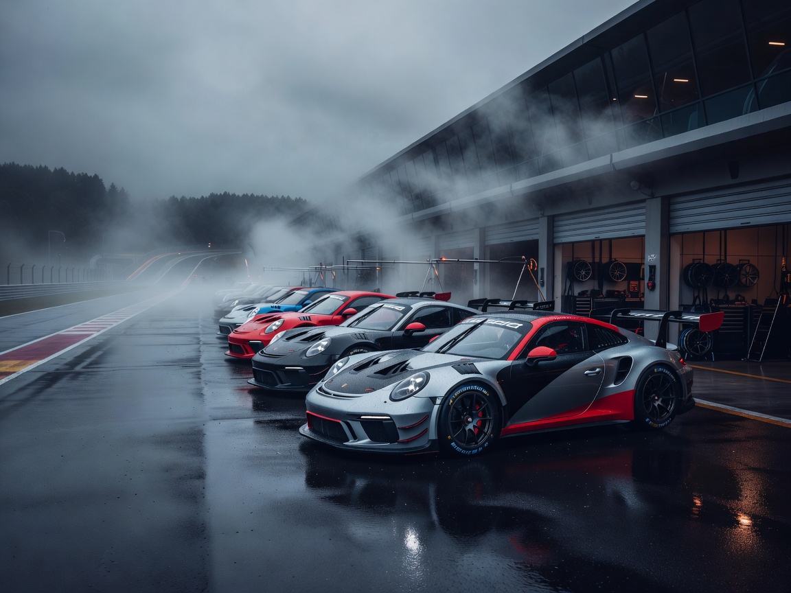 Atmospheric image representing Porsche sports cars waiting in the pit lane at Spa-Francorchamps